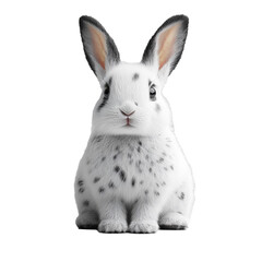 Small white rabbit with black spots looking into camera, isolate on transparent white background