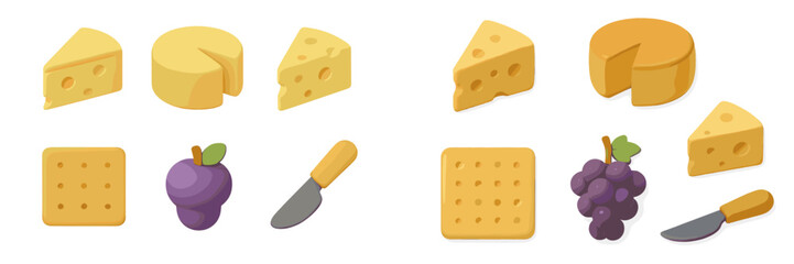 Various types of yellow cheese and purple fruit on a simple background showcasing kitchen tools