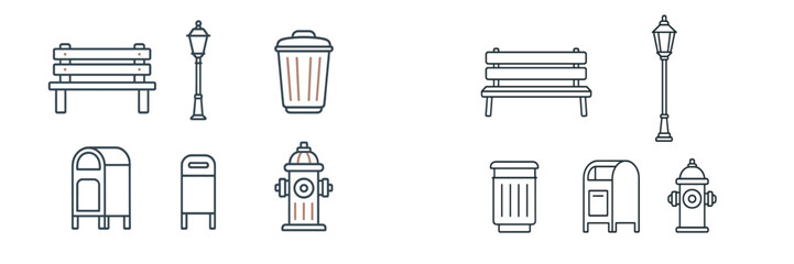 Variety of urban street furniture including benches, lamps, and trash cans in a simple line art style