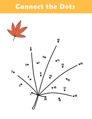 Dot to Dot Worksheet for Kids. Connect the dots to draw a cute maple. Illustration of leaf. Coloring page.