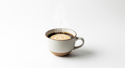 Close-up of a ceramic cup filled with hot coffee and a swirl of cream on a white background, with wisps of steam rising from the surface showcasing the art of latte swirl technique