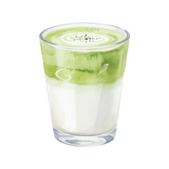 Watercolor Matcha Latte Glass Vector Illustration Isolated on White Background, Green Tea Milk Drink Clipart for Café, Menu, and Wellness Design
