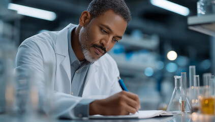 Lab technician focused and calm writing research notes in modern laboratory, cinematic shallow depth of field, professional scientific documentation for pharmaceutical analysis and quality control