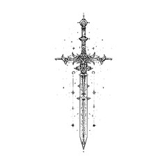 Detailed line art illustration of a fantasy sword with intricate designs and decorative elements around it