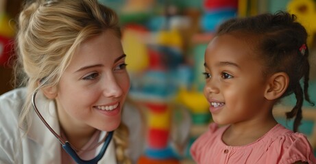 pediatrician with child — smiling doctor and cheerful toddler in clinic, candid healthcare portrait in warm light, trust and care during stethoscope exam, professional pediatric checkup for prevention