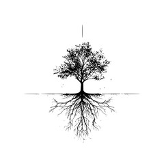 A silhouette of a tree with detailed roots extending below a line on a white background is shown here
