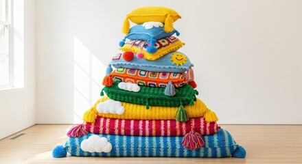 A colorful, handcrafted fabric pyramid sits on a light wood floor in a bright room with a