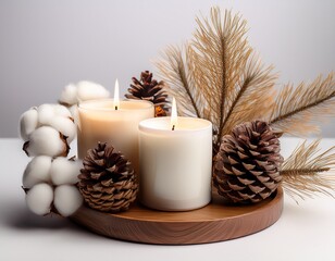 Warm, glowing candles and natural pinecones create a cozy, serene atmosphere perfect for relaxation, winter decor, or holiday ambiance, evoking comfort and tranquility.