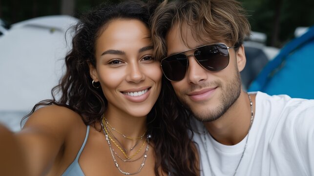 A man and a woman taking a selfie with their cell phone