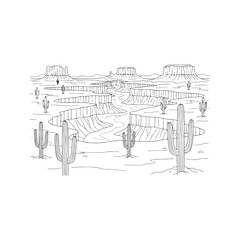 Desert Canyon Landscape Icon, Minimalist Line Art Vector of Arizona Buttes and Saguaro Cactus.
