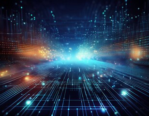 Dynamic digital cityscape with glowing data streams and intricate network pathways, representing futuristic technology and global connectivity in vibrant blue and orange hues