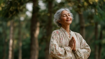 Senior healthcare calm senior woman practicing meditation, eyes closed and smiling, natural light outdoor portrait in forest, promoting wellness, mindfulness