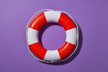 Red and white life preserver on a purple background