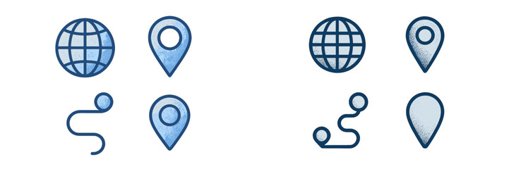 Icons representing global locations, mapping, and navigation tools displayed against a light background