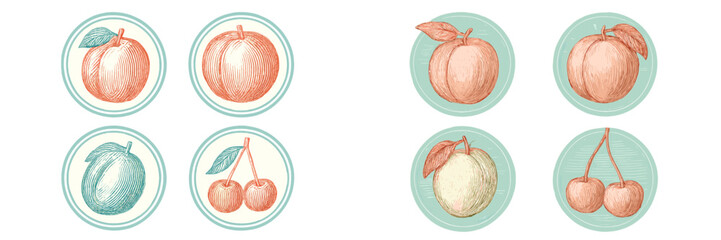 Colorful hand-drawn fruit illustrations featuring various types of apples, cherries, and plums on a light background