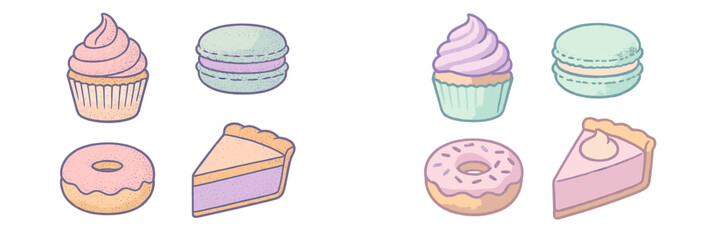 Colorful assortment of sweet pastries and desserts on a pastel background with cupcakes, macarons, and pie slices