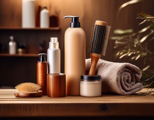 Elevate your self care routine with luxurious hair care products, brushes, and soothing spa essentials artfully arranged for a professional salon aesthetic.