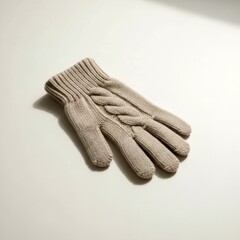 Cozy beige knitted glove with a braided pattern lying on a bright white surface, casting shadows and illuminated by soft light, creating a sense of warmth and comfort .