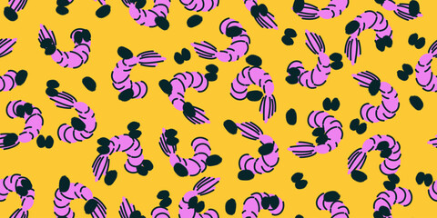 Seamless pattern with shrimps and dots. Vector stylish illustration, background, food print