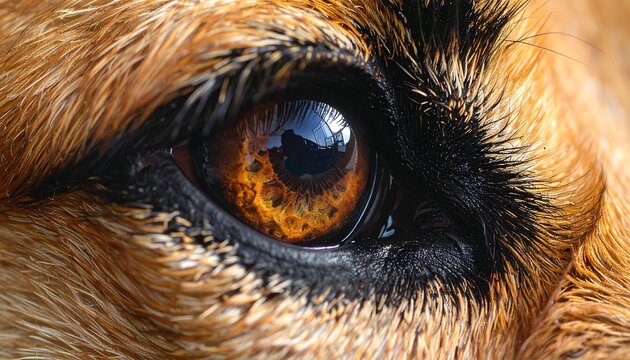 Close-up of a dog's amber eye, surrounded by fur
