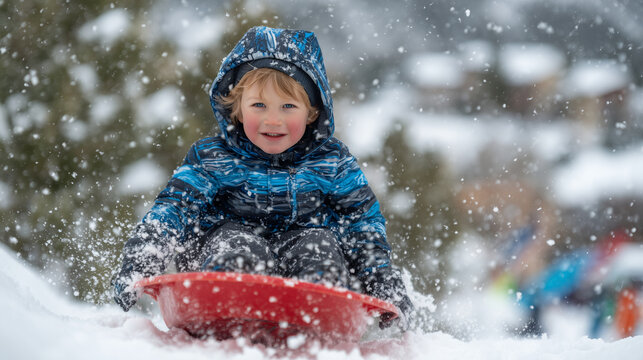 Child sledding down hill in bright red sled, snow kicking up around edges, winter park full of laughter and playful families in soft focus