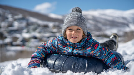 Excited child leaning forward on snow tube, colorful mittens and hat, snowy mountain valley in background, fun winter adventure captured