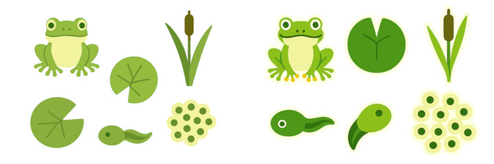 Colorful frog illustrations with lily pads, tadpoles, and aquatic plants in a playful design for nature-themed art