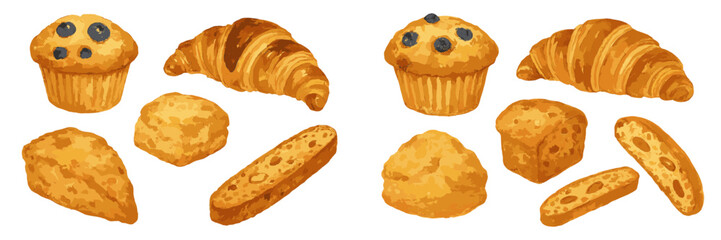 Selection of fresh baked pastries and muffins on a simple white background ready for enjoyment