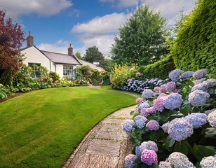 Naklejka premium Charming white cottage nestled amidst a vibrant garden overflowing with lush hydrangeas and manicured green lawn under a bright blue sky