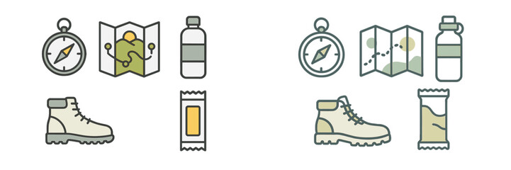 Essential gear for outdoor hiking adventure with maps, compasses, boots, and energy snacks in various settings