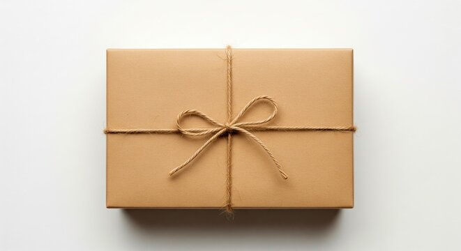 A brown parcel box tied with rustic string, creating an aesthetic and eco-friendly presentation for gifts or deliveries in natural light and white background