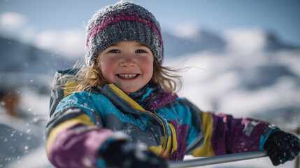 Girl in bright winter clothing holding tube handles, sliding with excitement, snow-covered peaks in background, soft afternoon sunlight casting shadows