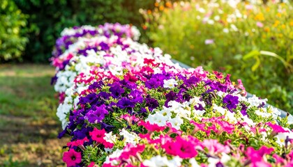 Colorful flowerbed brimming with white, pink, and purple petunias on a sunny day