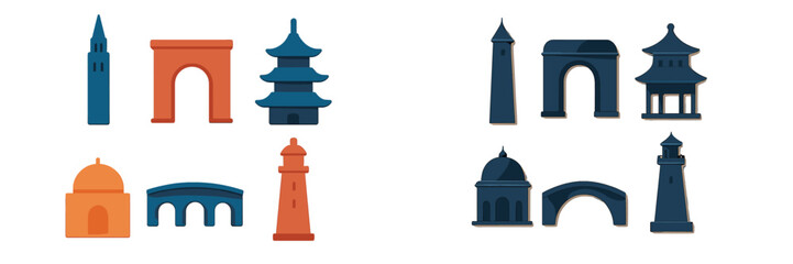 Colorful paper cutouts of various famous buildings and structures in unique shapes and designs for creative projects and educational purposes