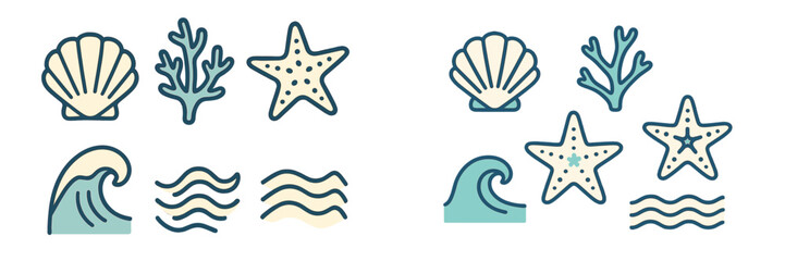 Ocean-themed illustrations featuring shells, coral, waves, and starfish in a colorful design