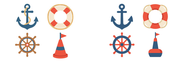 Nautical symbols featuring anchors, life buoys, and steering wheels in a colorful display for marine themes © Artstock