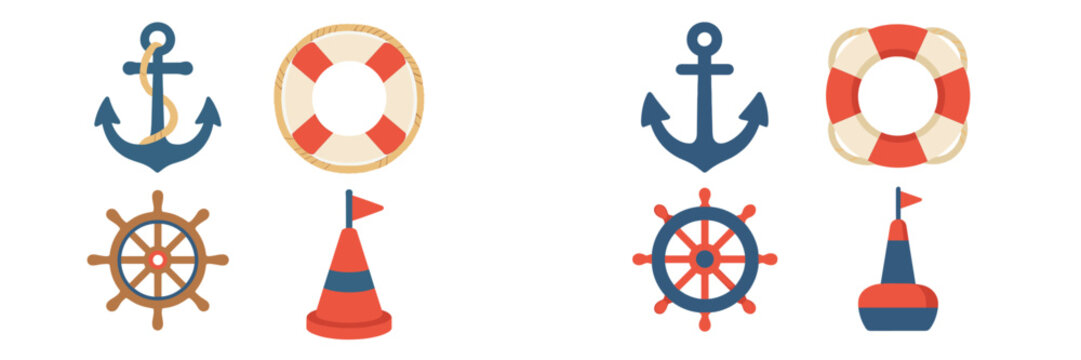 Nautical symbols featuring anchors, life buoys, and steering wheels in a colorful display for marine themes