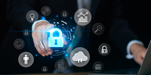 Concept of cybersecurity and cloud data protection with glowing lock icon, symbolizing secure network, business privacy, data encryption, online safety, cloud storage security, technology defense.