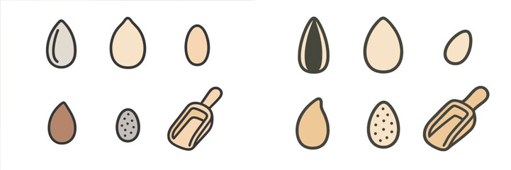 Different types of seeds and scoops arranged in a simple design for a crafting project or educational purposes