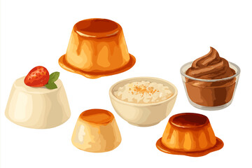 Colorful desserts displayed on a white background featuring pudding, rice, and chocolate mousse with strawberry garnish
