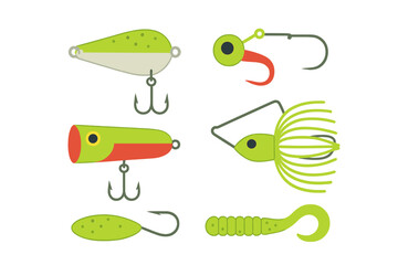 Colorful fishing lures arranged in different shapes and sizes for freshwater angling in a bright and playful style