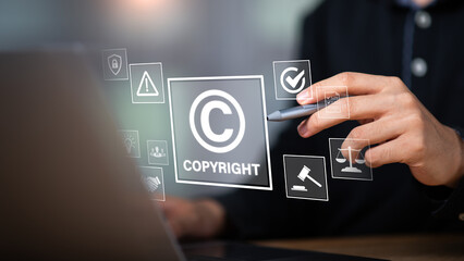 Concept of copyright and intellectual property protection with digital icons, symbolizing creative rights, legal compliance, innovation security, copyright symbol, business agreement, idea ownership