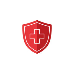 Obraz premium Red shield with white cross, vector illustration representing healthcare and protection symbol