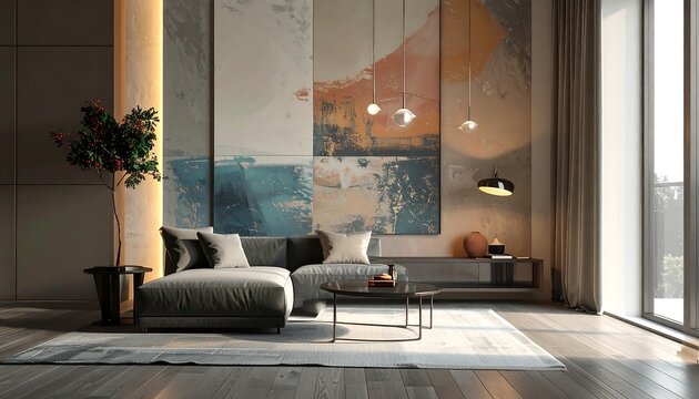 Fototapeta Modern living room with sectional sofa, abstract art, large window, and wood flooring. Elegant and sophisticated, with soft lighting
