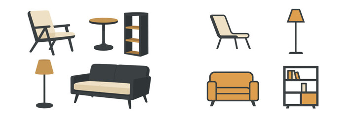 Modern furniture collection featuring chairs, tables, and lamps suitable for various living spaces and styles