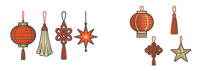Colorful traditional lanterns and decorative elements hang together in a festive arrangement for celebrations