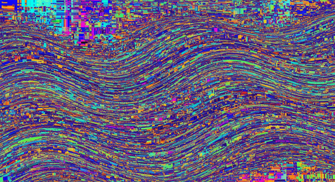 Colorful abstract digital wave pattern with pixel glitch effect in vibrant neon tones. - Powered by Adobe