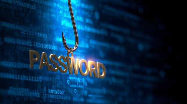 Fishing hook catching password text on digital background.