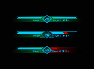 Cyberpunk Futuristic Player VS Player Battle Bar HUD UI with Timer Health Shield Life Counter Neon Blue Red Green Game Interface Assets for RPG Fighting MOBA