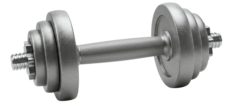 dumbbell with grey weight plates isolated on transparent cutout background, cut out, png